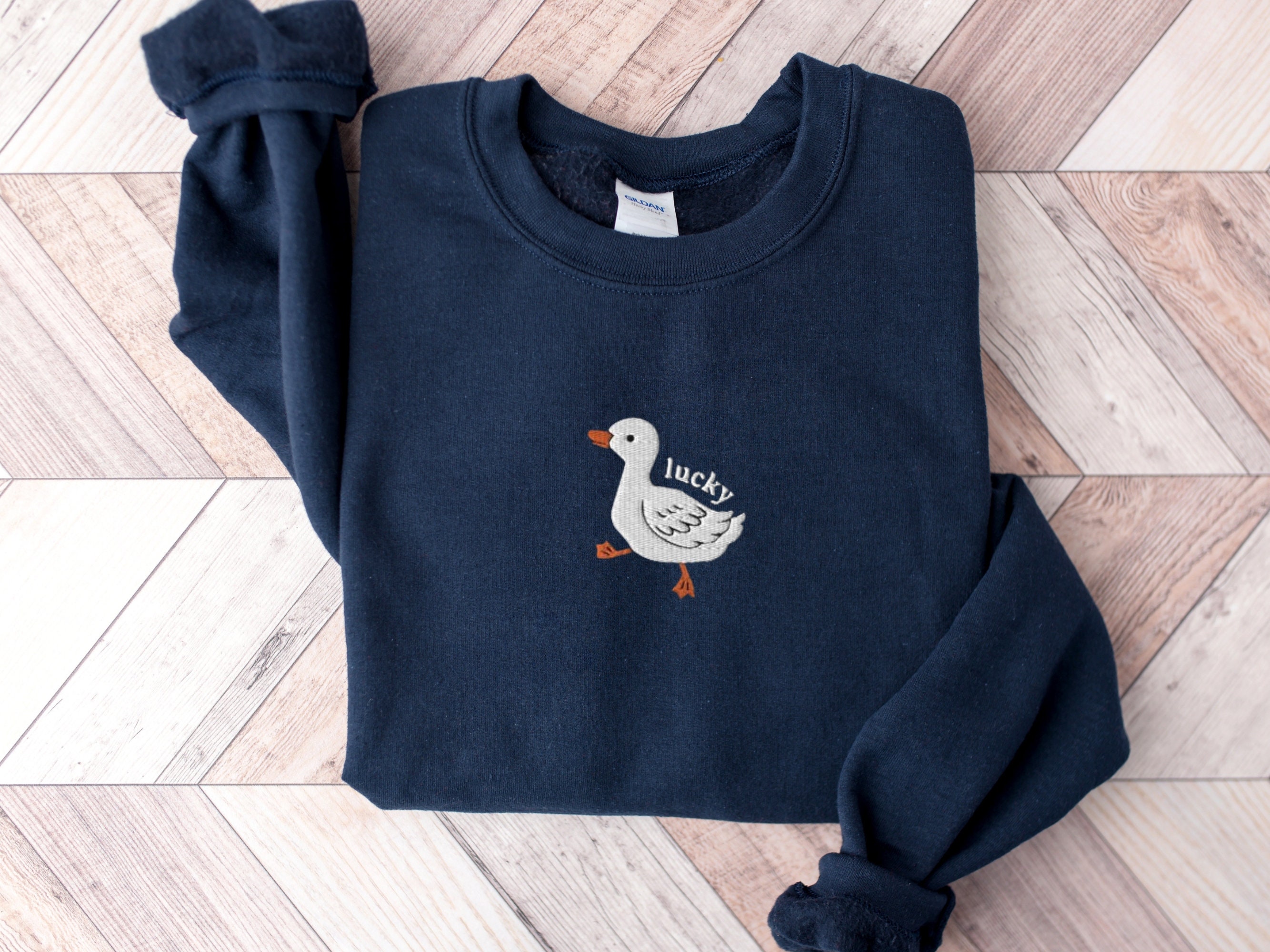 Embroidered Lucky Duck Sweatshirt, Embroidered Duck Crewneck Sweatshirt