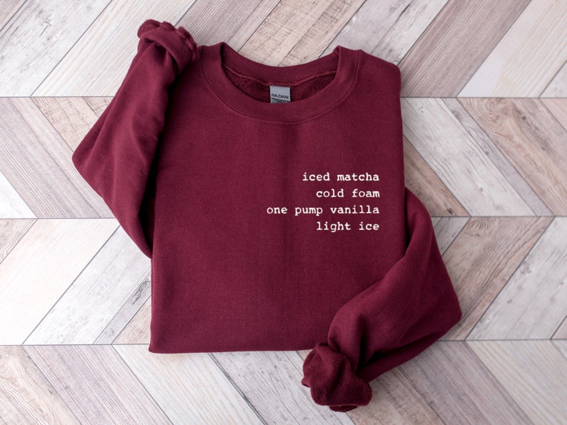Embroidered Custom Coffee Order Crewneck Sweatshirt, Gift for Coffee Lover, Shirt for Coffee Lover, Personalized Gift for Friend, Girlfriend Maroon
