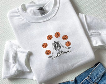 Embroidered Skeleton Pumpkin Halloween Sweatshirt: Cozy Fall Sweater