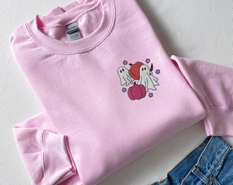 Bluza z haftowanym duchem: Upiorny, halloweenowy sweter z okrągłym dekoltem
