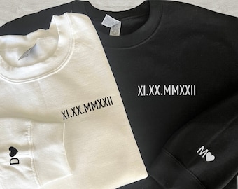 Custom Embroidered Roman Numeral Hoodie, Couples Gift, Personalized Date, Initial Hoodie, Engagements, Anniversaries, Embroidered Crewneck