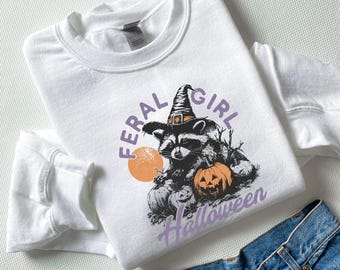 Retro Raccoon Halloween Sweatshirt: Funny Witch Pullover