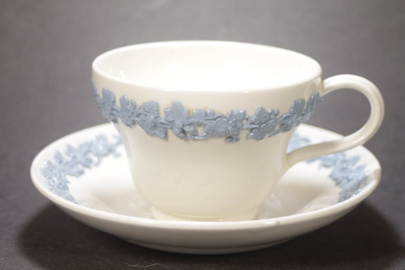 WEDGWOOD QUEENSWARE Cup & Saucer White With Blue Motiff Etsy