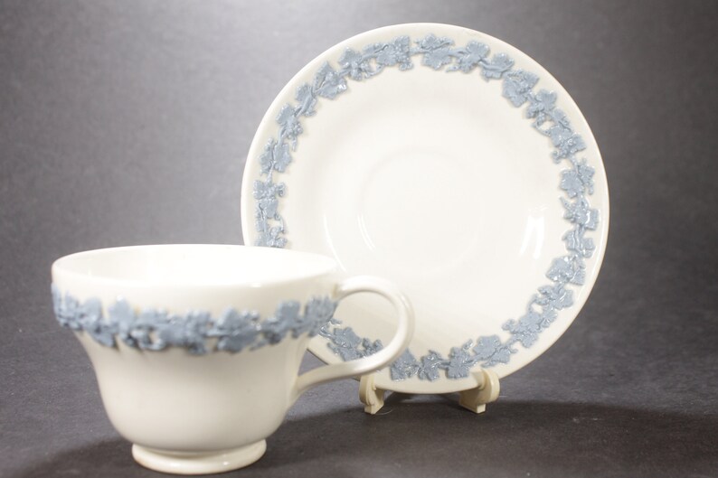 WEDGWOOD QUEENSWARE Cup & Saucer White With Blue Motiff Etsy