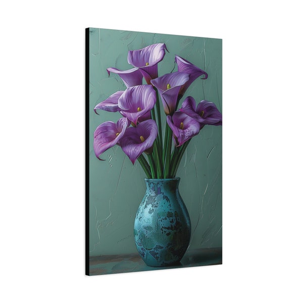 Calla Lily Painting: Purple Calla Lilies in Teal Vase, home decor, art prints, office decor, wall art