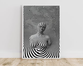 Arte de ilusão de ótica: silhueta de mulher abstrata, arte op, ilusão de ótica, arte de parede imprimível, gravuras artísticas
