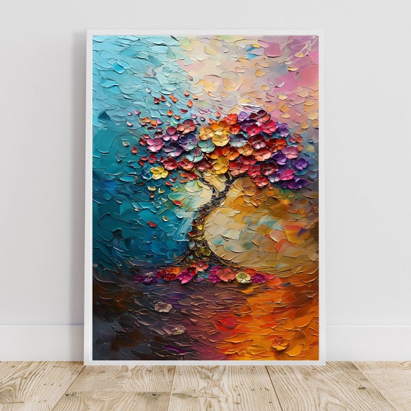 Impasto Wall Art: Happy Colorful Tree, impasto art, abstract impasto, impasto oil, Printable Wall Art