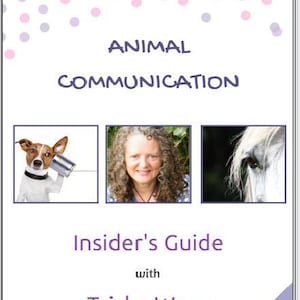 Puede incluir: Un fondo blanco y morado con lunares blancos y el texto "ANIMAL COMMUNICATION" en morado. El texto "Insider's Guide" y "with Trisha Wren" también están en morado. Hay tres imágenes: un perro sosteniendo una lata de metal en su oído, una mujer con cabello largo y rizado marrón y la cabeza de un caballo blanco.
