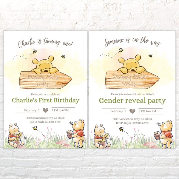 Winnie the Pooh customised birthday gender reveal party invitation digital print