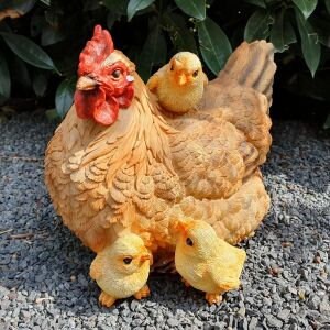 Steinfigur Huhn Mit Gefieder – Frostsicher, 35 Cm Hoch, 13 Kg, Grau, Für Garten & Außenbereich