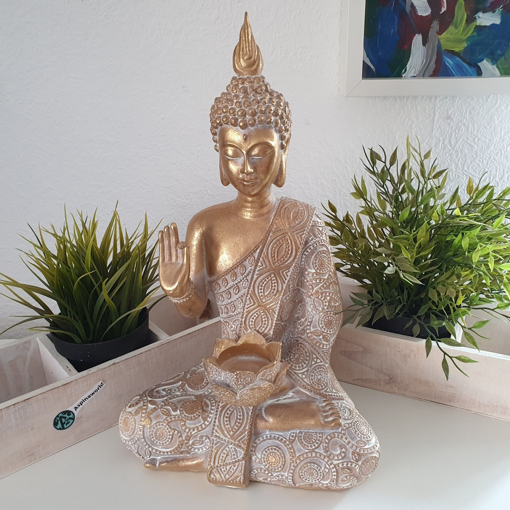 Sitzende Buddha Figur als Teelichthalter Gold 38 cm