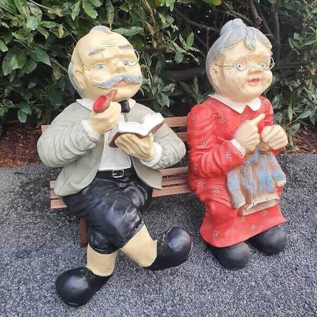 Garden Figure Grandma and Grandpa Figure Sitting on a Bench 66 Cm