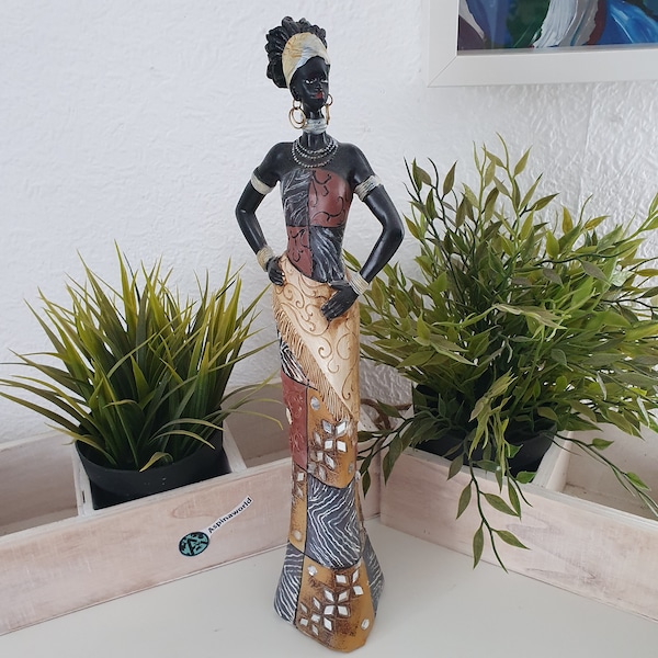 Afrikanische Dekofigur Frau mit bunten Kleid 35 cm