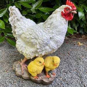 Garden figure white chicken figure with two chicks 32 cm, figure for the garden