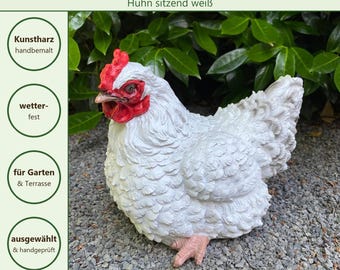 May include: A white chicken garden figurine with a red comb and wattle, featuring textured feather details. The figure measures 19 cm in height, 16 cm in width, and 23 cm in length. Text on the image includes Gartenfigur, Huhn sitzend weiß, Kunstharz handbemalt, wetterfest, für Garten & Terrasse, ausgewählt & handgeprüft.