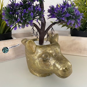 May include: A gold-coloured ceramic planter shaped like a hippopotamus head, with a small purple flowering plant inside.