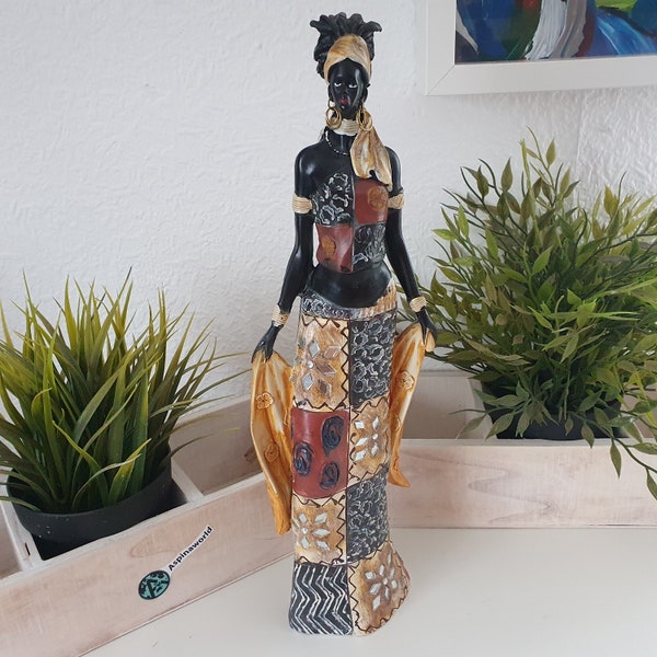 Afrikanische Dekofigur Frau mit bunten Kleid und Tuch 35 cm