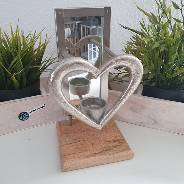 Photophore coeur avec miroir sur socle en bois 24 cm