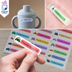 Cute Name Labels for Kids - School Day care - Shoe Labels -Waterproof Dishwasher Safe Stickers - (Stick On) (Cars & Bike )