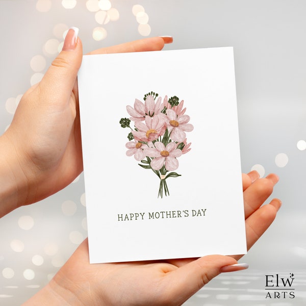 Pretty Mother's Day watercolor flowers card |  Minimalist Mother's Day card | Spring bouquet of flowers card for Mom Handmade greeting card