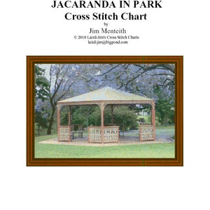Op de afbeelding: Kruissteekpatroon voor een Jacaranda-boom in een park, met een prieel in het midden. Het patroon is van Jim Menteith en is auteursrechtelijk beschermd 2010. De tekst "Johannes 3:16" staat onderaan de afbeelding.