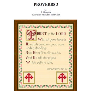 Może przedstawiać: Wzór haftu krzyżykowego do oprawionego dzieła sztuki z tekstem "Zaufaj Panu całym swoim sercem: Nie polegaj na własnym rozsądku. Wszędzie, gdzie idziesz, pytaj o Jego wolę, a On wskaże ci drogę." oraz tekstem "Przysłów 3:5-6".