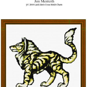 May include: Cross stitch pattern for a yellow and white wolf with a bushy tail. The pattern is titled "Alpha Arrallin" by Jim Menteith. Copyright 2010 Laird-Jim's Cross Stitch Charts.
