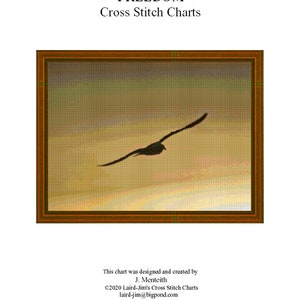 Peut inclure: Un diagramme de point de croix représentant une silhouette noire d'un oiseau volant au-dessus d'un ciel de coucher de soleil. Le diagramme est intitulé "FREEDOM" et comprend le texte "Laird-Jim's Cross Stitch Charts" et "laird-jim@bigpond.com".