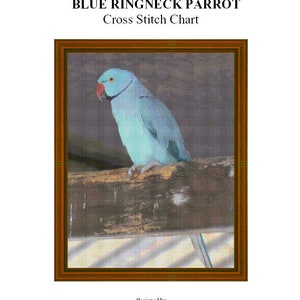May include: Cross stitch chart pattern of a blue ringneck parrot perched on a branch. The chart is titled "Blue Ringneck Parrot" and includes the designer's name, J. Menteith, and copyright information.