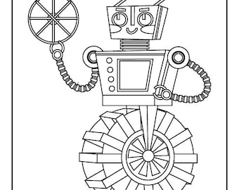 May include: A black and white line drawing of a robot with a large wheel for a foot. The robot has a round head with two antennas and a smiling face. The robot is holding a round object in its left hand.