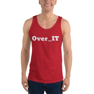 Pode incluir: Uma regata vermelha com o texto "Over_IT" impresso em branco na frente.