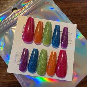 XL Coffin shaped Reflective Rainbow  Press On Nails | Glue On Nails | Long Nails | Stick On Nails | Fake Nails | Rainbow | Summer