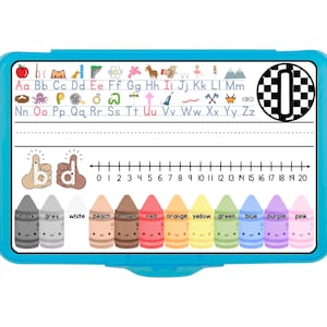 Checkered Pencil Box Name Tags, Alphabet, Color Names, Number Line, Vowels, Consonants