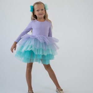 Mermaid-Themed Tutu Dress for Girls – Ombre Tulle Skirt in Lilac, Mint, and Petrol Blue, Perfect Birthday Dress, Celebration Dress