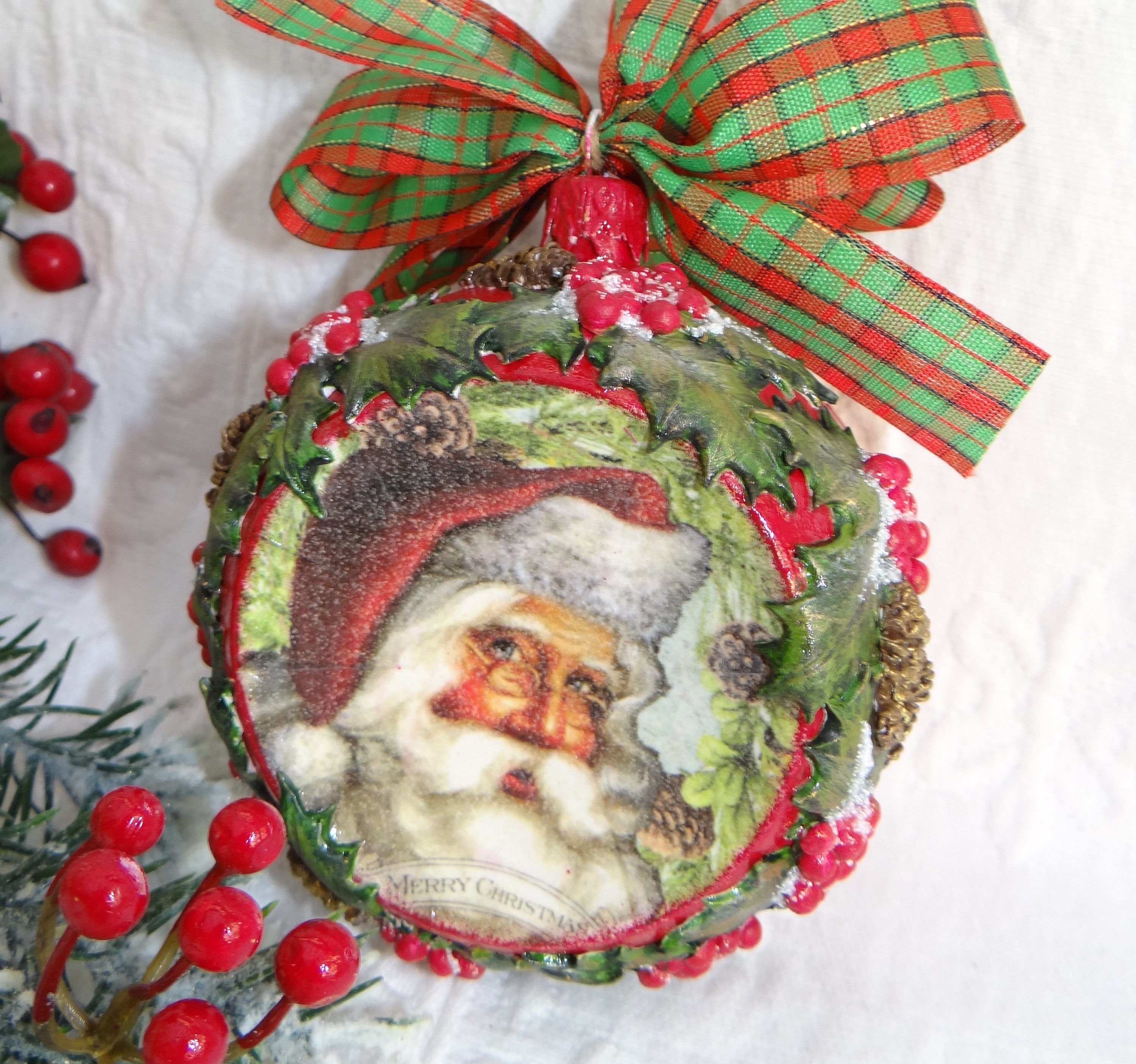 Decoupage Christmas Bauble Santa Claus 2 Piece Set Tartan - Etsy