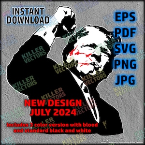 May include: Black and white digital illustration of a man with a clenched fist raised above his head. Blood splatters are visible on his face. The text "NEW DESIGN JULY 2024" is below the image. The text "includes 3 color version with blood and standard black and white" is below the text.