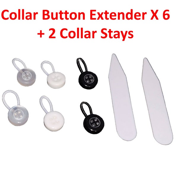 Collar Button Extender 6 Pack with 2 Collar Stays – No sewing – Tight Collar Expansion - Easy to Use