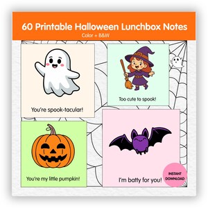 Peut inclure: Un téléchargement numérique imprimable sur le thème d'Halloween avec quatre cartes colorées. Elles présentent des illustrations de dessins animés d'un fantôme, d'une sorcière, d'une citrouille et d'une chauve-souris, avec des phrases amusantes.