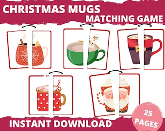 Könnte beinhalten: Ein druckbares Weihnachts-Matching-Spiel mit 25 Seiten, die verschiedene Becher mit festlichen Designs zeigen. Das Spiel soll Kindern helfen, Objekte zuzuordnen.