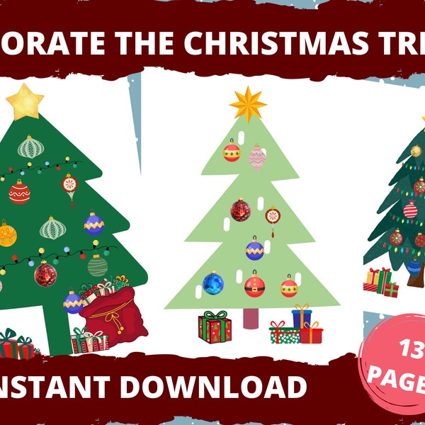 Decorate the Christmas Trees - 10 trees - Christmas Games, Preschool Printables, Preschool Christmas Games, Christmas Tree Game