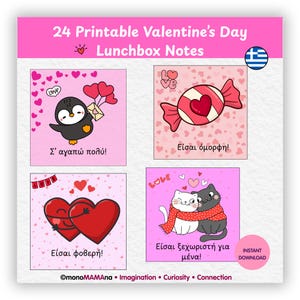 Könnte beinhalten: Ein Set mit 24 druckbaren Valentinstags-Lunchbox-Notizen in Rosa und Weiß. Das Bild zeigt vier quadratische Designs mit Cartoon-Illustrationen eines Pinguins, Süßigkeiten, umarmenden Herzen und Katzen. Der Text enthält "Love" und griechische Sätze.