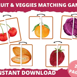 Jeu d'association de fruits et légumes, imprimables de fruits, légumes, jeu pour tout-petits, jeu préscolaire, imprimable
