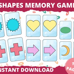 May include: A printable memory game for kids featuring 10 pages of colorful shapes. The shapes include a star, heart, oval, plus sign, arrow, and crescent moon. The game is designed to help children learn about shapes and colors.