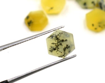 Natural Lemon Dendrite Faceted Slice, Flat Back Faceted Cabochon Stone For Ring, Matching Pair Set, Hand Faceted Loose Gemstone Slice