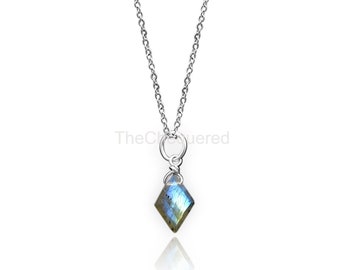 Blue Flashy Labradorite Diamond Shape Gemstone Necklace Dainty Geometric 925 Sterling Silver Crystal Pendant Gift Everyday Jewelry For Women