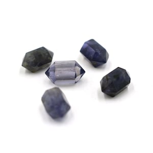 Pode incluir: Cinco pontas de cristal de ametista de cor púrpura escura, cada uma com uma forma de ponta dupla, estão espalhadas sobre uma superfície branca.