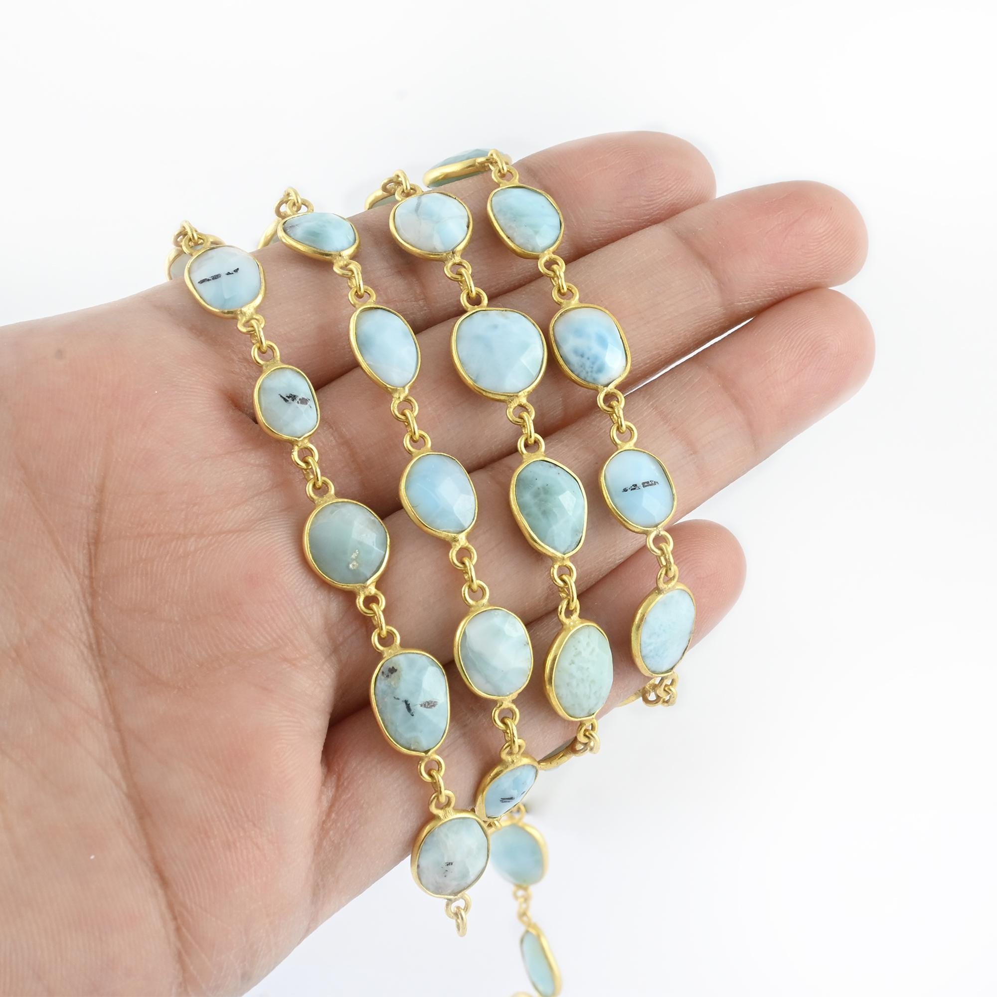 専用【larimar4214】 Natural Larimar Gemstone Connector Chain 7x9mm to 9x11mm Bezel