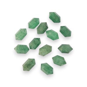 May include: A collection of faceted, green aventurine crystal points. Each crystal is a hexagonal prism shape with a slightly speckled appearance. The crystals are scattered on a white background.