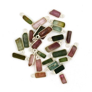 Sterling Silver Raw Tourmaline Charms, Bezel Stone Pendants (4x10 to 5x14 MM)