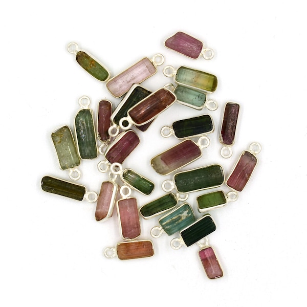 Sterling Silver Raw Tourmaline Charms, Bezel Stone Pendants (4x10 to 5x14 MM)